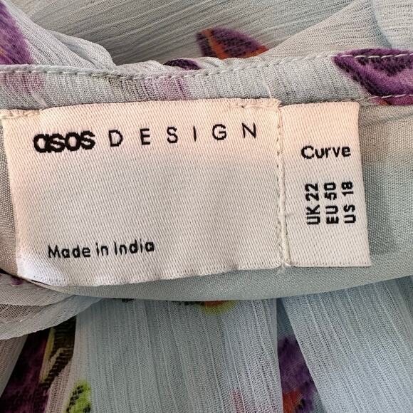 NWT ASOS Curve Ruffle Cut Out High Low Off Shoulder Floral Maxi | Blue | SZ 18 - Picture 12 of 14